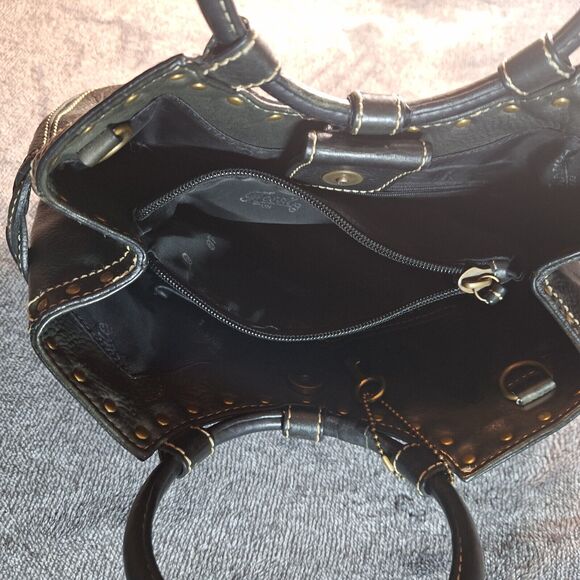 Fossil Round Handle Hand Bag Leather Black Studded Brass Grunge Gothic - Picture 8 of 10